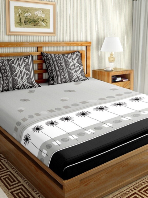 

BELLA CASA Grey & White Floral 144 TC Cotton King Bedsheet with 2 Pillow Covers