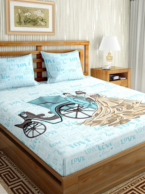 

BELLA CASA Blue & Brown Graphic 144 TC Cotton King Bedsheet with 2 Pillow Covers