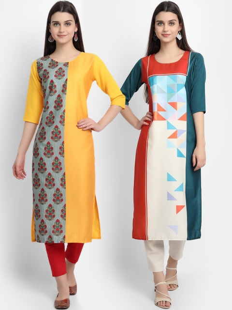 

Ethnic basket Women Multi Printed Thread Work Crepe Kurta Pack of 2