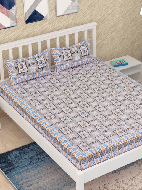 

METRO LIVING Grey & Orange Geometric 120 TC Queen Bedsheet with 2 Pillow Covers