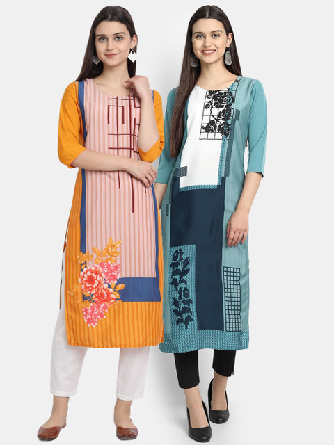 

Ethnic basket Women Pack Of 2 Yellow & Orange Printed Crepe Kurta