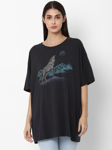 

AMERICAN EAGLE OUTFITTERS Women Black Printed Cotton Loose Fit T-shirt