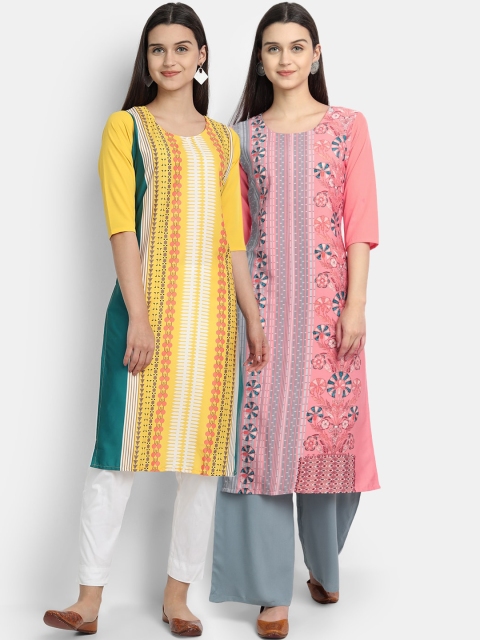 

Ethnic basket Women Pack Of 2 Digitally Printed Crepe Straight Kurta, Yellow