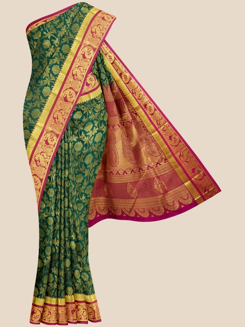 Kalamandir Green & Pink Floral Zari Silk Blend Kanjeevaram Saree