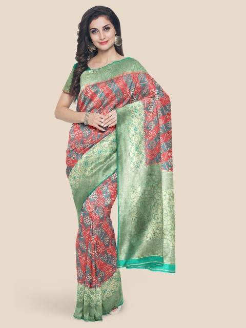 

Kalamandir Red & Green Floral Zari Silk Blend Banarasi Saree