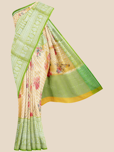 

Kalamandir Yellow & Green Floral Zari Silk Blend Banarasi Saree