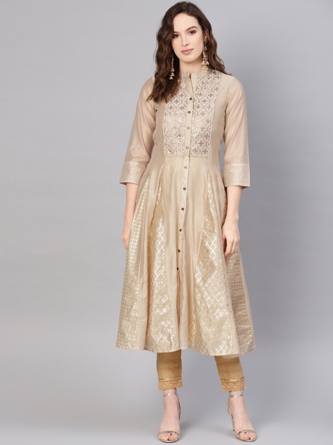 

Juniper Women Beige Ethnic Motifs Embellished Chanderi Silk Anarkali Kurta