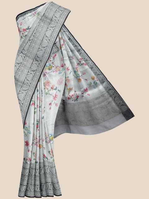 

Kalamandir Grey & Pink Floral Silk Blend Banarasi Saree