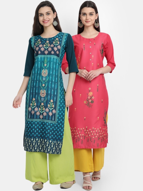 

Ethnic basket Women Crepe Multi Color Digital Floral Print Straight Kurta Pack Of 2