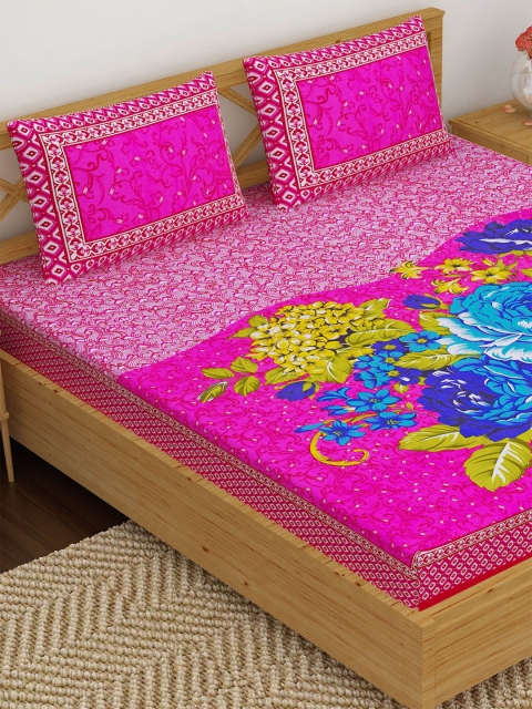 

METRO LIVING Pink & Blue Floral 120 TC King Bedsheet with 2 Pillow Covers