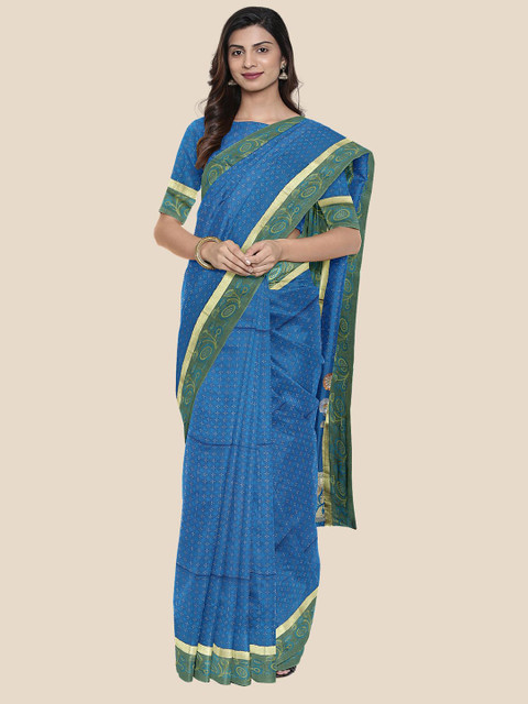 

Kalamandir Blue & Green Ethnic Motifs Silk Blend Kanjeevaram Saree