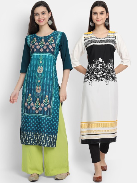 

Ethnic basket Women Pack Of 2 Green & White Floral Printed Crepe Kurta
