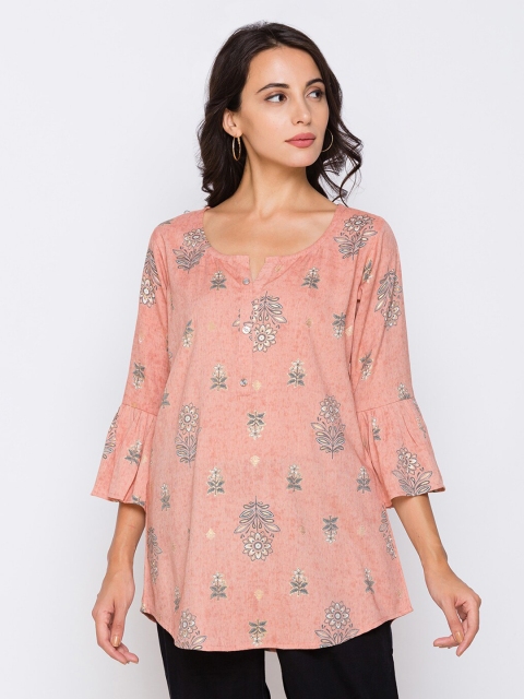 

TANKHI Women Peach-Coloured & Grey Floral Printed Straight Kurti