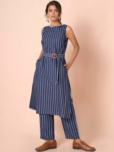 

Earthen BY INDYA Navy Striped Belted Tunic and Pants Set, Navy blue