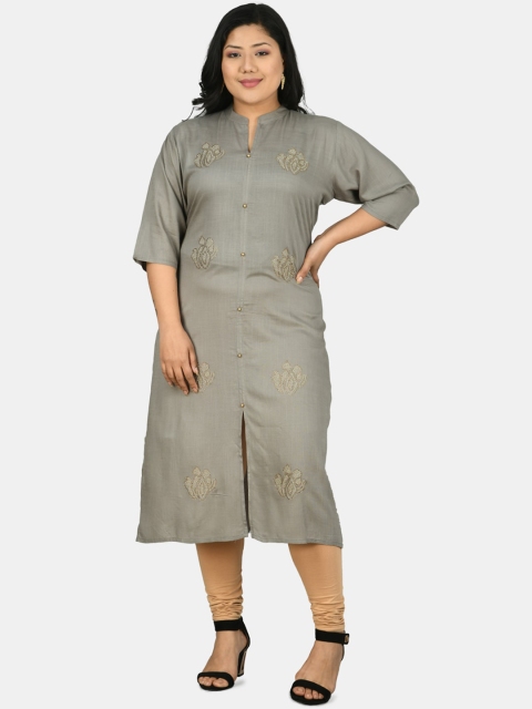 

PrettyPlus by Desinoor.com Women Grey Floral Embellished Kurta