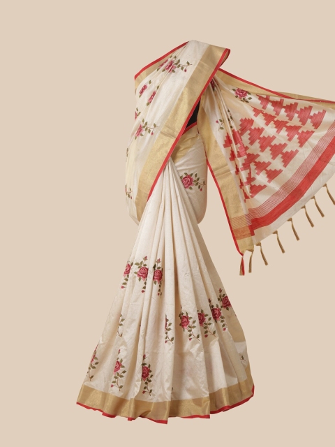 

Pothys Cream Floral Embroidered Jute Silk Saree