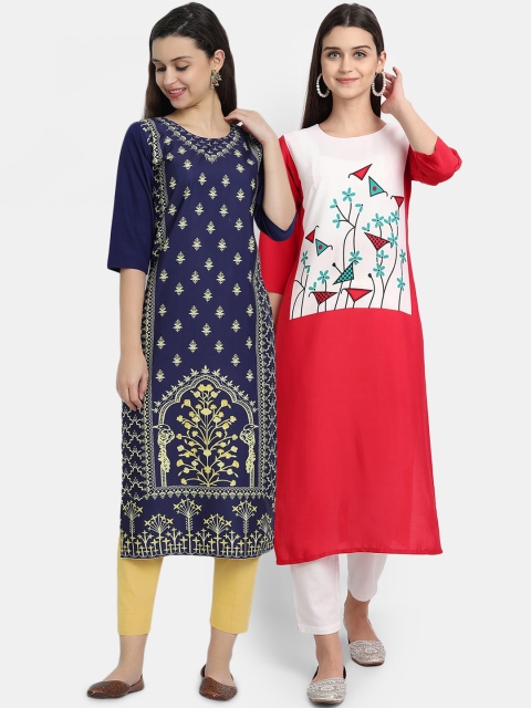 

Ethnic basket Women Multi Coloured Quirky Printed Straight Kurta - Pack of 2