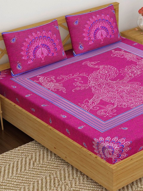

METRO LIVING Pink Ethnic Motifs 120 TC Cotton Queen Bedsheet with 2 Pillow Covers
