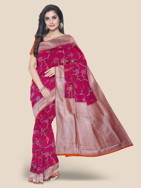 

Kalamandir Pink Floral Silk Blend Banarasi Saree
