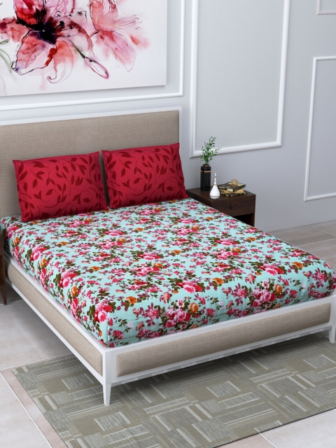 

BOMBAY DYEING Sea Green & Pink Floral 144 TC Queen Bedsheet with 2 Pillow Covers