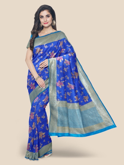 

Kalamandir Blue Floral Zari Silk Blend Banarasi Saree