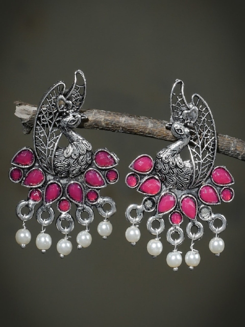 

OOMPH Oxidised Silver Toned Maroon Stones Peacock Shaped Drop Earrings