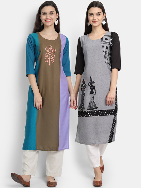 

Ethnic basket Women Crepe Multi Color Digital Print Straight Kurta Pack Of 2