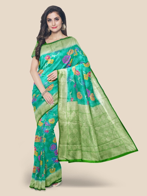 

Kalamandir Teal Green Floral Silk Blend Banarasi Saree