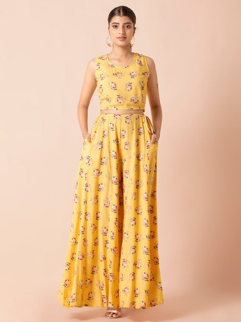 

INDYA Women Yellow Floral Top and Pants Set with Jacket
