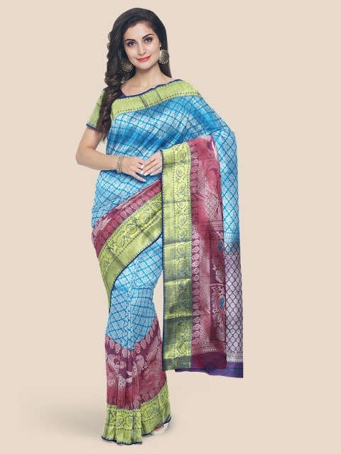 

Kalamandir Blue & Burgundy Ethnic Motifs Zari Silk Blend Kanjeevaram Saree