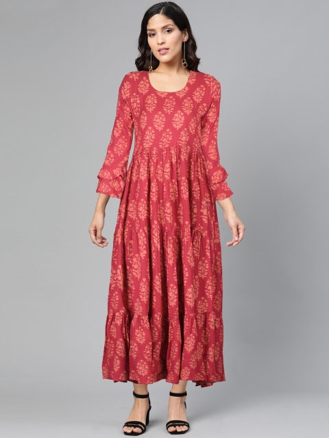 

FLAVIDO Women Red & Beige Ethnic Motifs Printed Flared Sleeves Anarkali Kurta