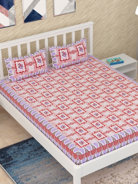 

METRO LIVING Red & Purple Floral 120 TC Cotton Queen Bedsheet with 2 Pillow Covers