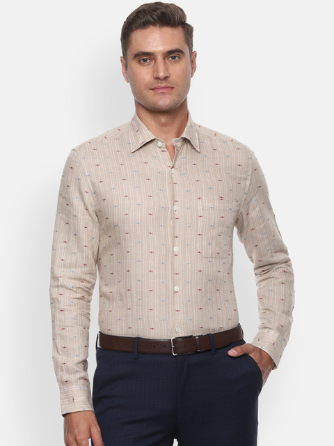 

Louis Philippe Men Beige Woven Design Linen Formal Shirt