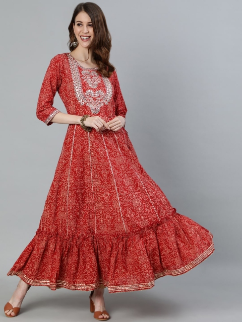 

Ishin Women Red Bandhani Printed Gota Patti Mirror Work Embroidered Anarkali Kurta