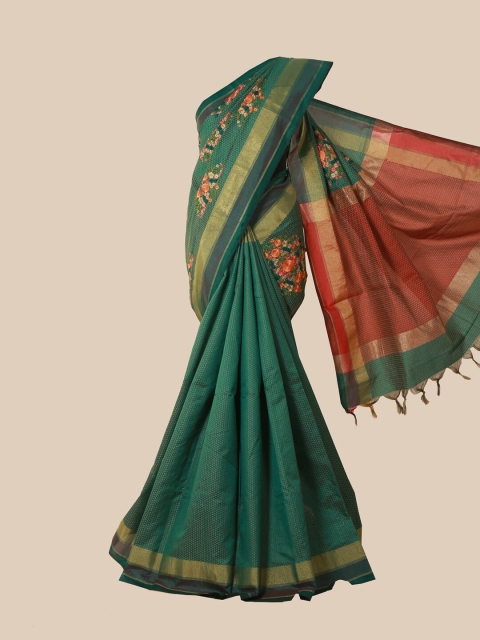 

Pothys Green & Red Floral Embroidered Jute Silk Saree