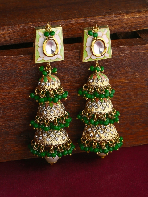 

THE AAB STUDIO Green & Gold-Toned Dome Shaped Jhumkas Earrings