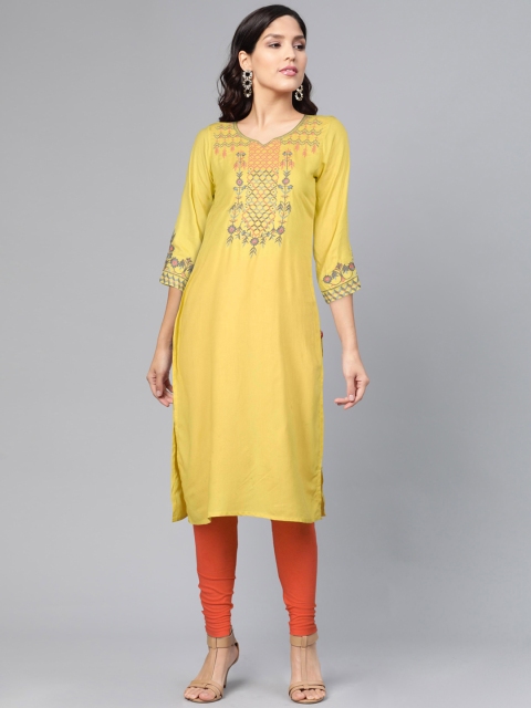 

FLAVIDO Women Yellow & Grey Ethnic Motifs Embroidered Thread Work Kurta