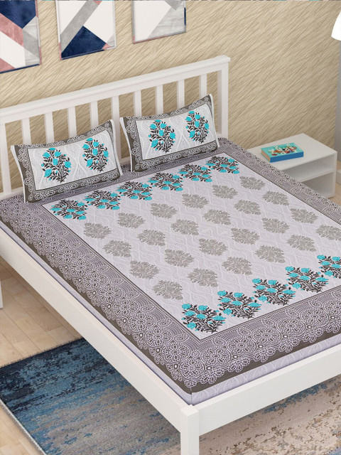 

METRO LIVING Grey & Blue Ethnic Motifs 120 TC Queen Bedsheet with 2 Pillow Covers