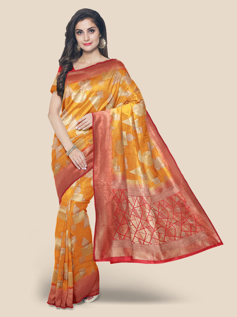 

Kalamandir Mustard Yellow & Red Zari Silk Blend Banarasi Saree