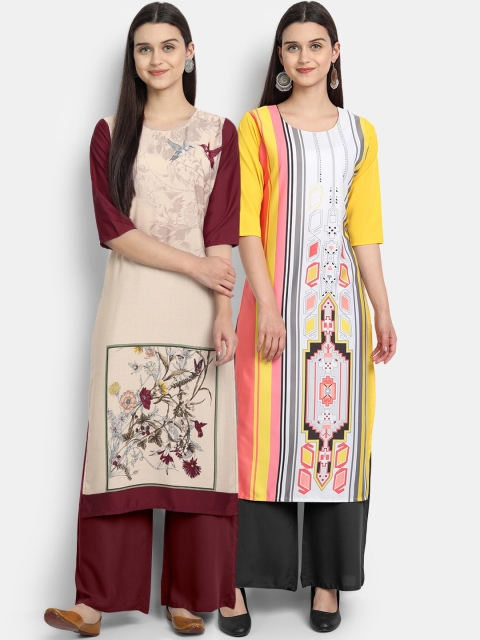

Ethnic basket Women Pack Of 2 Maroon & Yellow Floral Printed Crepe Kurtas