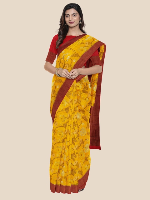 

Kalamandir Yellow & Brown Floral Silk Blend Banarasi Saree