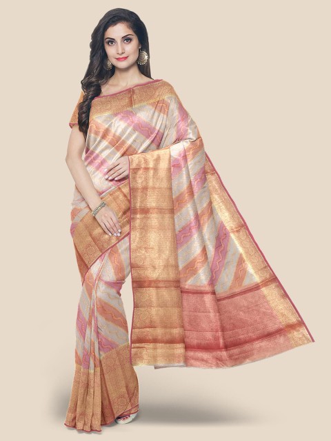 

Kalamandir Cream & Pink Striped Silk Blend Banarasi Saree