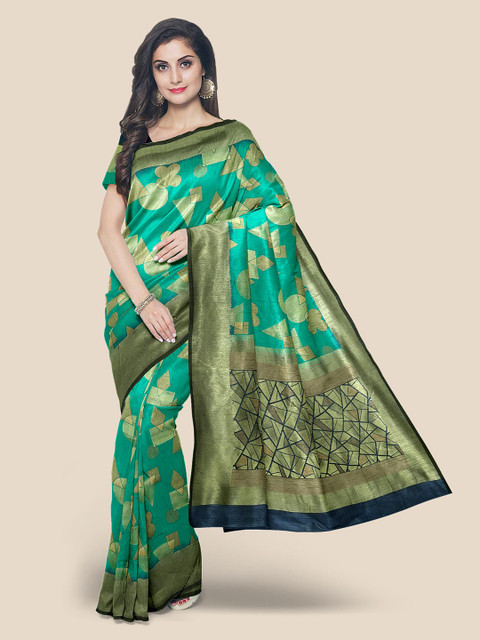 

Kalamandir Green & Gold-Toned Woven Design Silk Blend Banarasi Saree