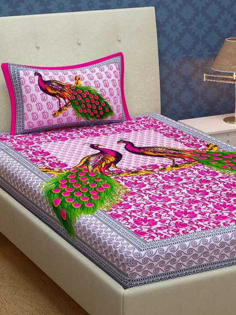 

METRO LIVING Pink & White Ethnic Motifs 104 TC Cotton Single Bedsheet with 1 Pillow Covers