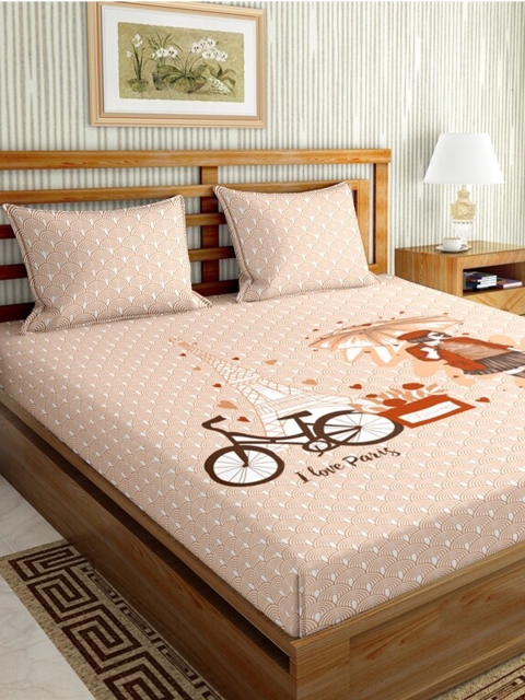 

BELLA CASA Peach & Brown Graphic 144 TC King Bedsheet with 2 Pillow Covers