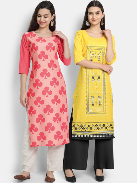 

Ethnic basket Women Pack of 2 Pink & Yellow Ethnic Motifs Printed Crepe Kurta