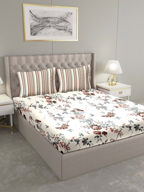 

BELLA CASA Beige & Pink Floral 180 TC Cotton King Bedsheet with 2 Pillow Covers