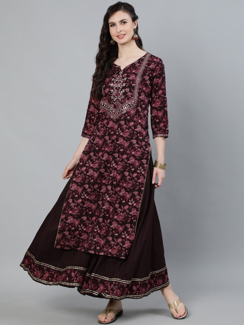 

Ishin DESIGNER STUDIO Women Burgundy Floral Mirror Work Pure Cotton Kurta With Palazzos