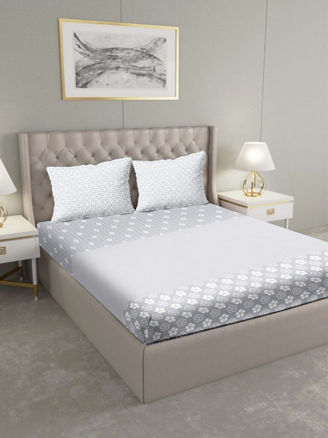 

BELLA CASA Grey & White Floral 180 TC King Bedsheet with 2 Pillow Covers