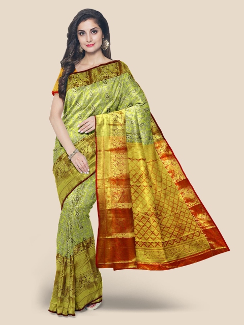 

Kalamandir Olive Ethnic Motifs Zari Silk Blend Kanjeevaram Saree